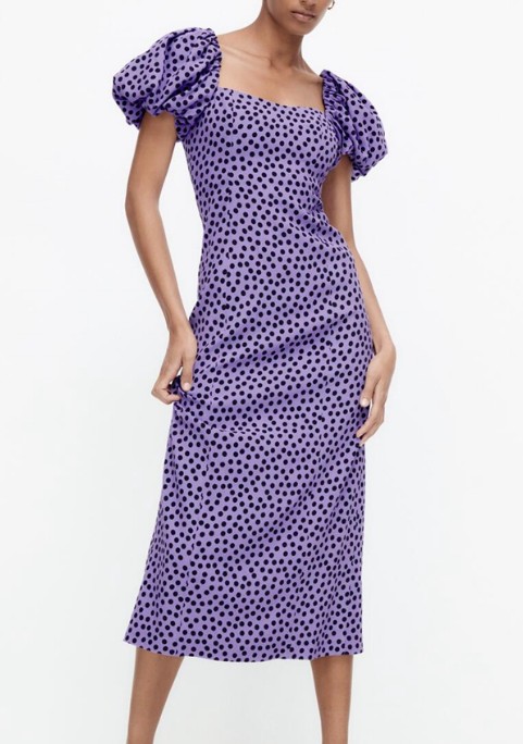 Картинка Платье миди квадратный вырез крупный горох короткий объемный рукав от магазина LonnaMag