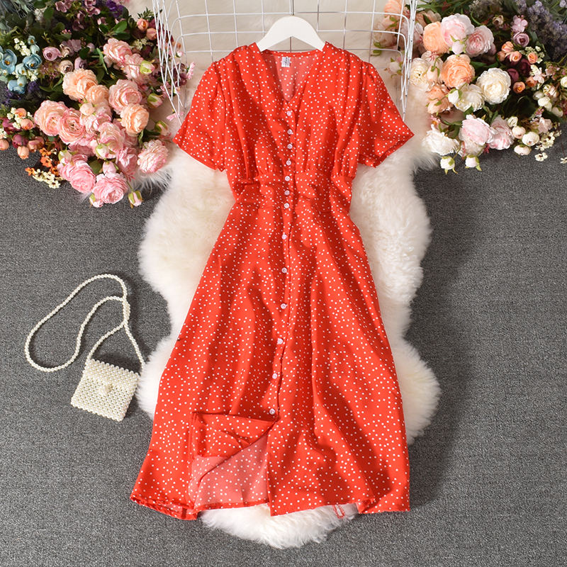 Картинка Платье миди на пуговицах короткий рукав - мелкий горошек от магазина LonnaMag