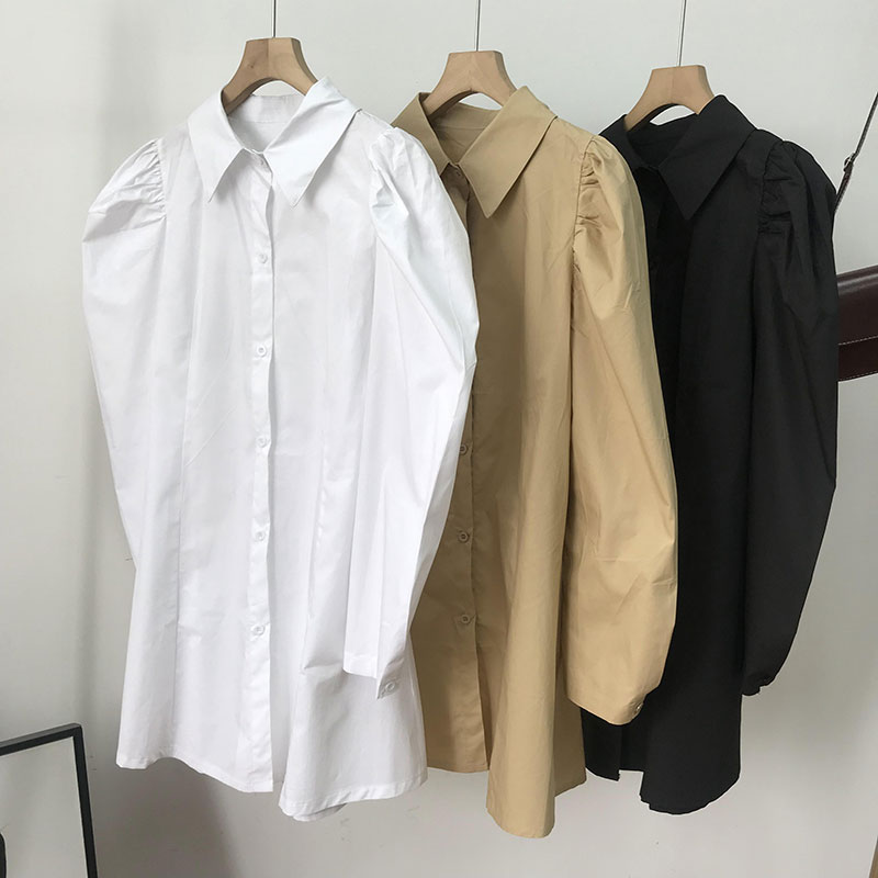 Картинка Платье рубашка однотонный на плечах сборенный объемные рукав  от магазина LonnaMag