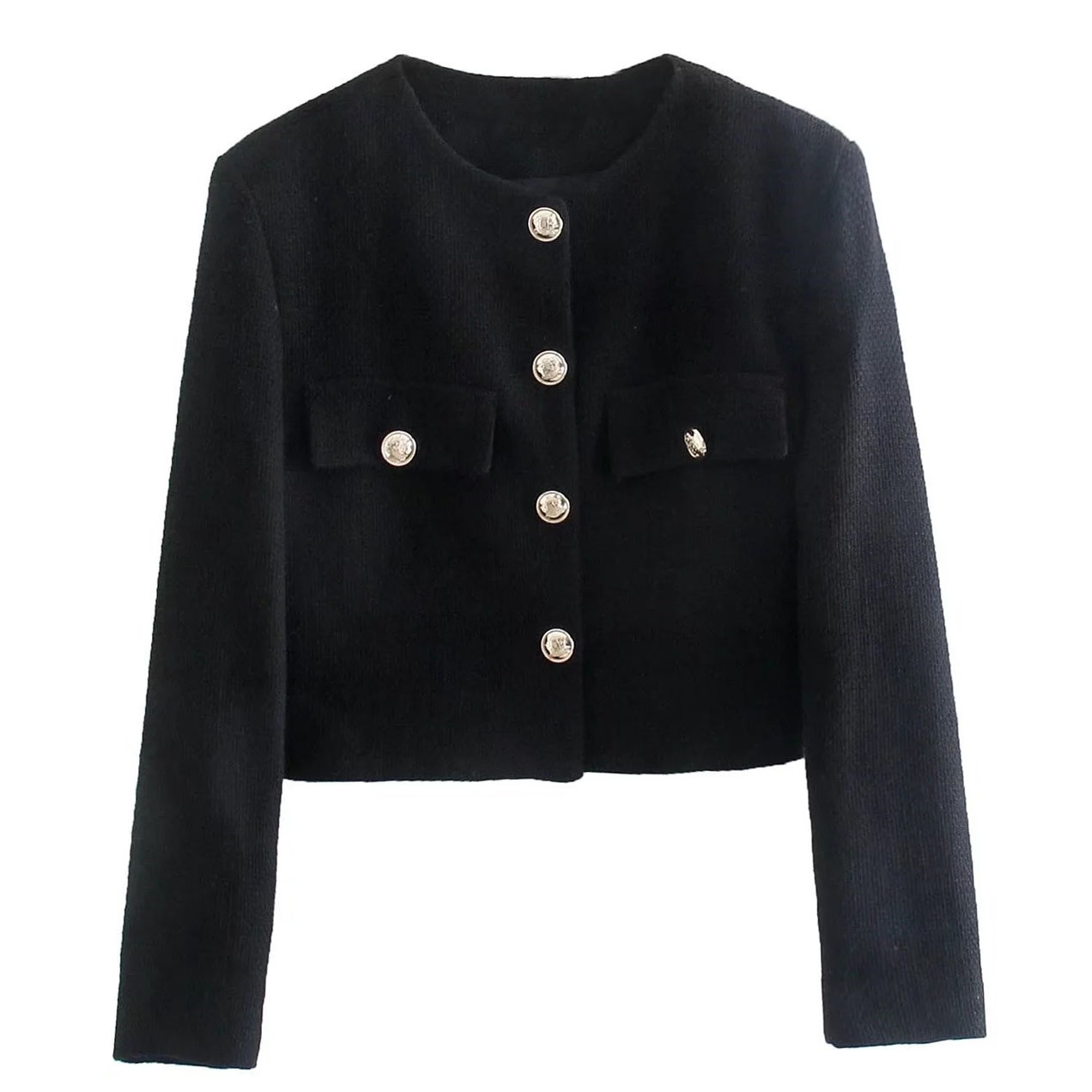 Картинка Жакет укороченный черный однотон круглый вырез 6 пуговиц с узором от магазина LonnaMag