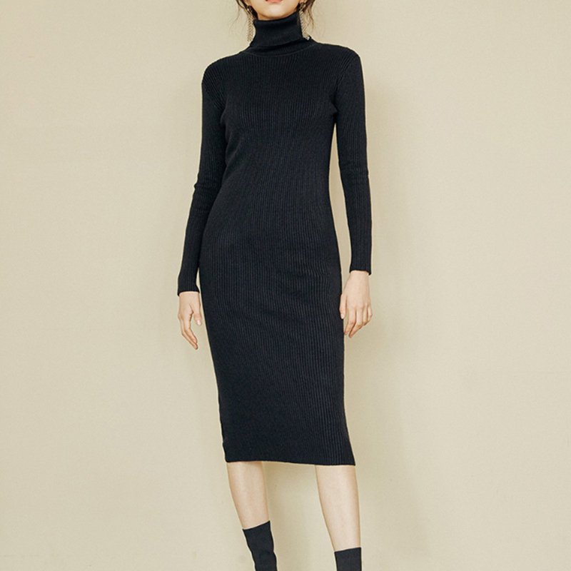 Картинка Платье миди по фигуре высокий ворот трикотаж в рубчик 4 цвета  от магазина LonnaMag