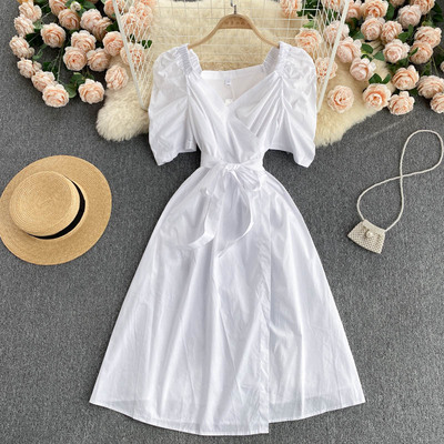 Картинка Платье миди на запах короткий объемный рукав + пояс в цвет 4 расцветки от магазина LonnaMag