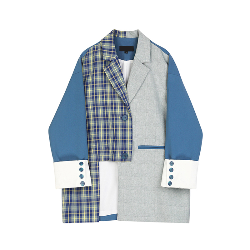 Картинка Пиджак из 3 разных частей 2 клетки синие рукава "Деконструкция" от магазина LonnaMag