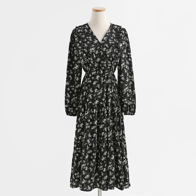 Картинка Платье миди V вырез рюши от плечей до талии длинный свободный рукав принт цветы от магазина LonnaMag
