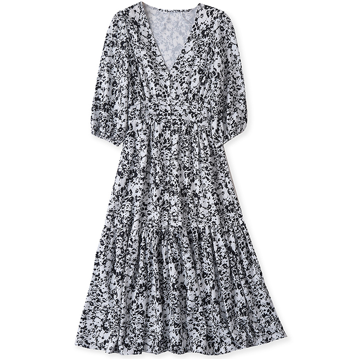 Картинка Платье миди на пуговицах рукав буф черно-белый узор от магазина LonnaMag
