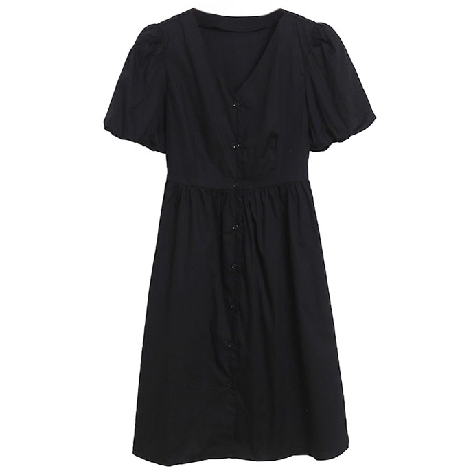 Картинка Платье на пуговицах хлопок рукав фонарик юбка клеш (черное) от магазина LonnaMag