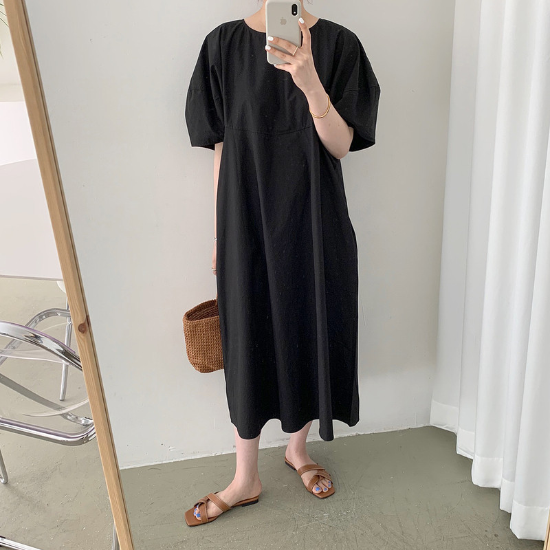 Картинка Платье миди свободное короткий объемный рукав шов под грудью от магазина LonnaMag