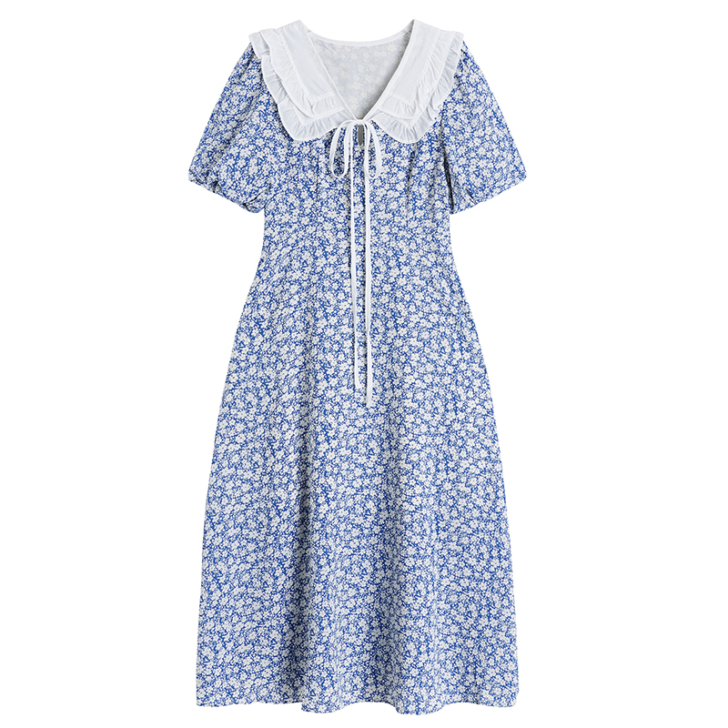 Картинка Платье миди белый воротник на завязках принт мелкие белые цветы от магазина LonnaMag