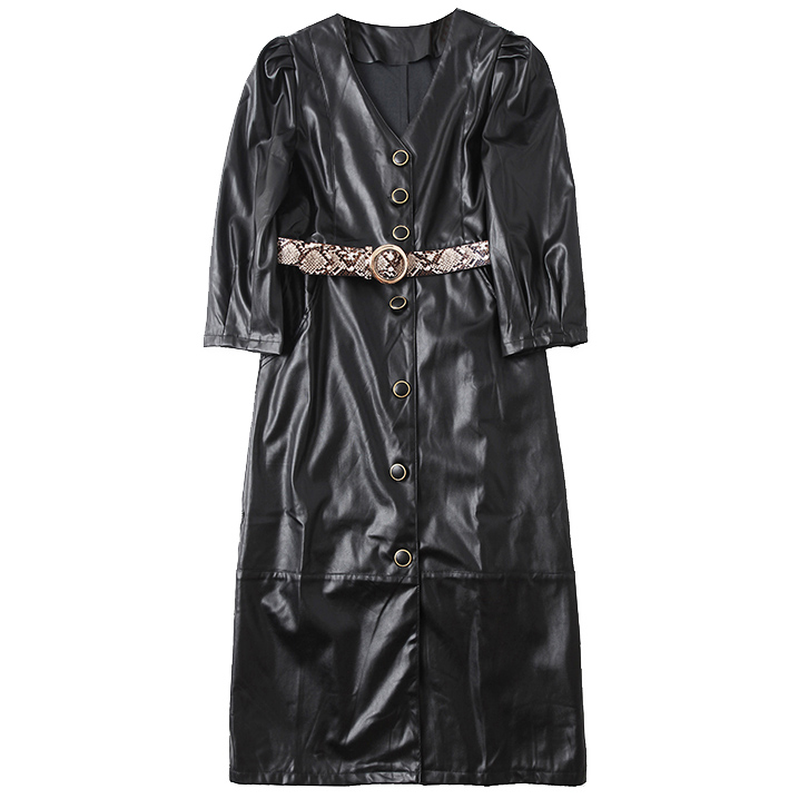 Картинка Платье эко-кожа футляр миди пуговицы с золотом рукав 3/4 карман от магазина LonnaMag