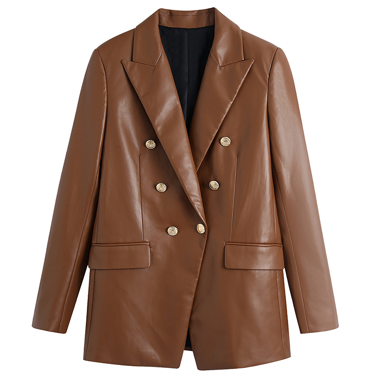 Картинка Пиджак эко кожа спреди вытачки клапаны на карманах золотые пуговицы от магазина LonnaMag
