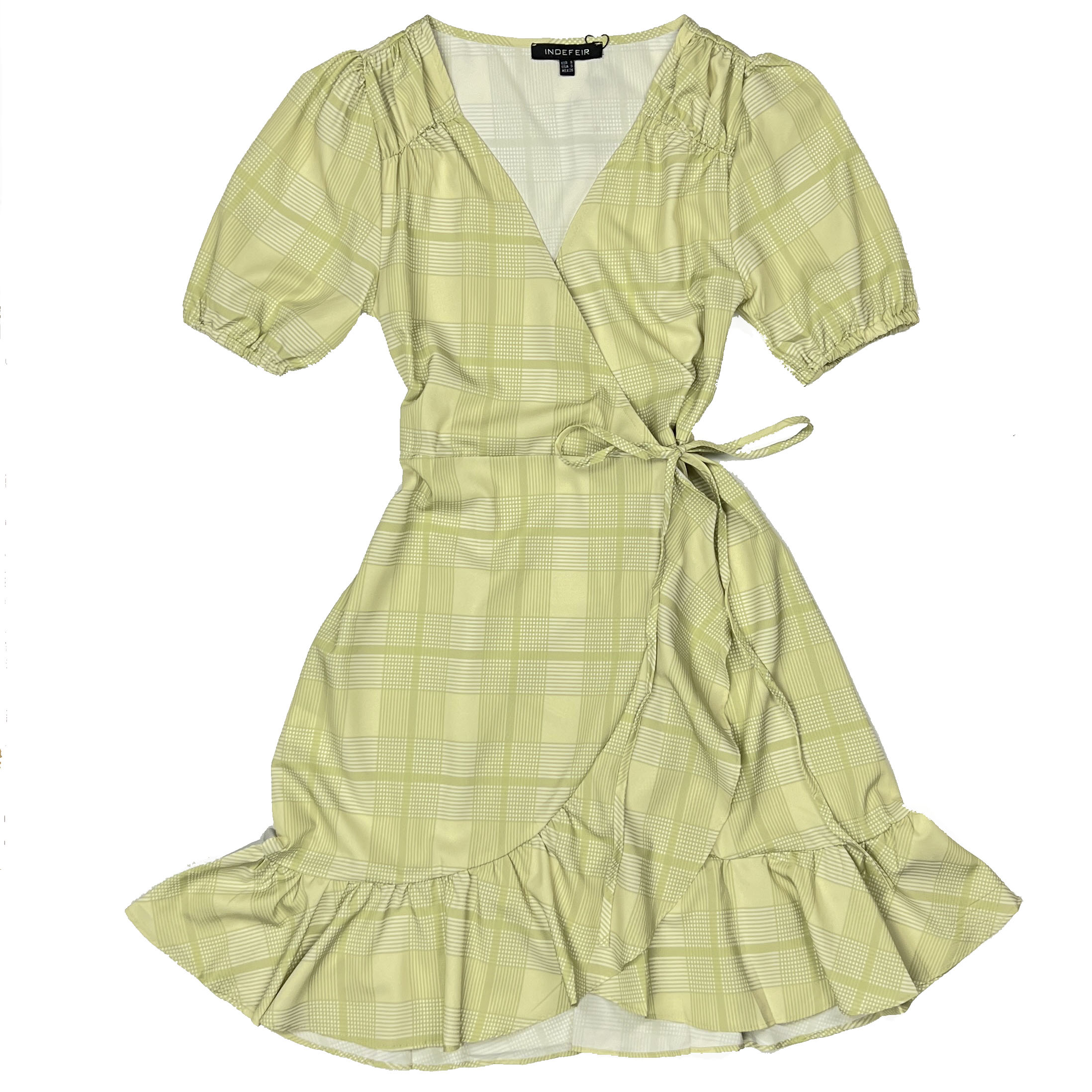 Картинка Платье на запах волан на юбку рукав фонарик пастельная клетка от магазина LonnaMag