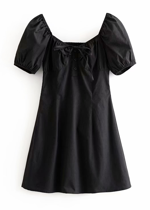 Картинка Платье трапеция мини рукава фонарики грудь на резинке бант 3 пуговки от магазина LonnaMag