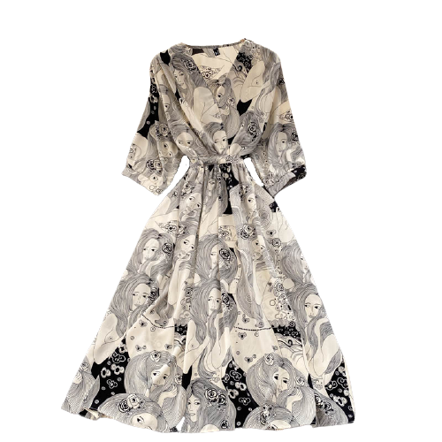 Картинка Платье миди V вырез талия на кулиске принт девушки розы в волосах от магазина LonnaMag