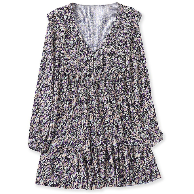 Картинка Платье пестрая ткань гафре V-вырез на пуговице юбка клеш от магазина LonnaMag