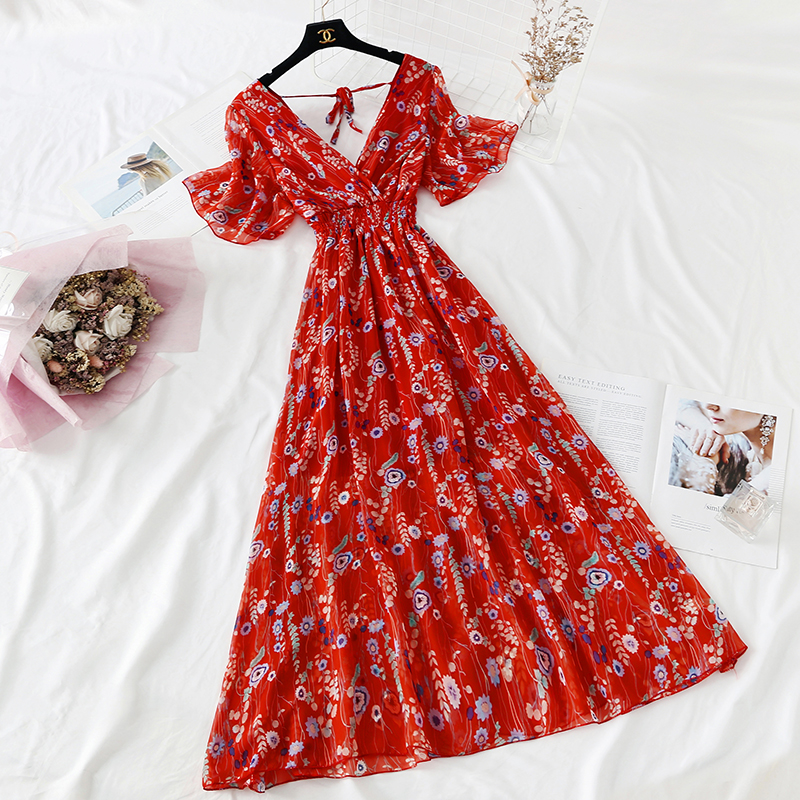 Картинка Платье макси V вырез короткий свободный рукав принт круглые цветы листья от магазина LonnaMag