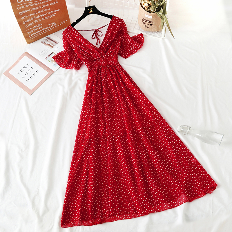 Картинка Платье макси V вырез короткий свободный рукав принт мелкий горох от магазина LonnaMag