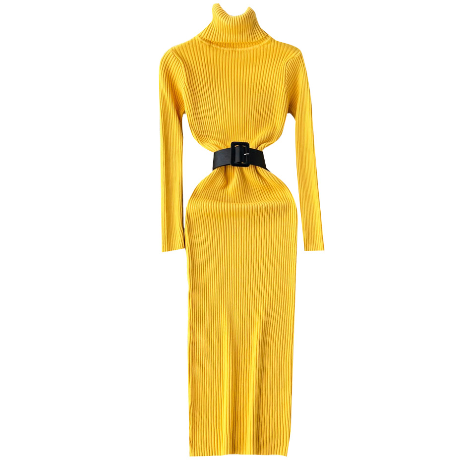 Картинка Платье трикотаж водолазка рубчик + черный широкий ремень от магазина LonnaMag