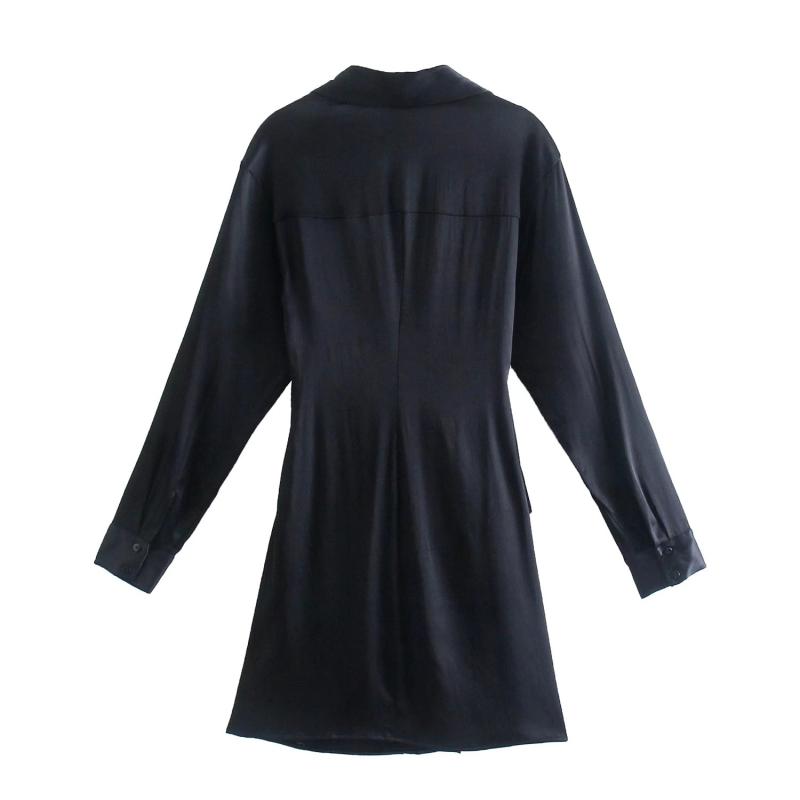 Картинка Платье V-вырез черное длинный рукав спереди пуговицы + пояс от магазина LonnaMag