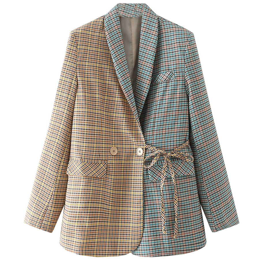 Картинка Пиджак клетка две половины полосы голубая/оранжевая сбоку завязка от магазина LonnaMag