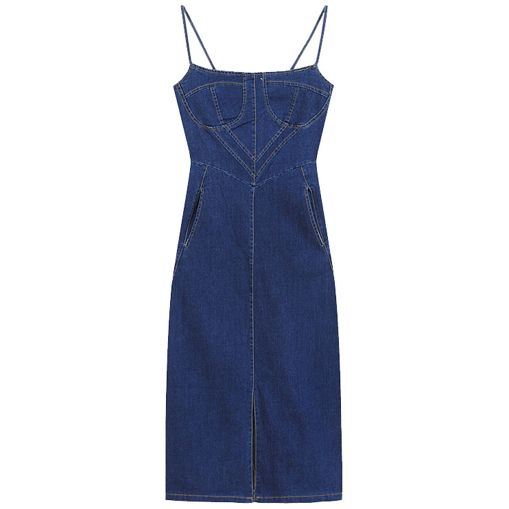 Картинка Платье джинс по фигуре тонкие лямки чашки потайнные карманы от магазина LonnaMag