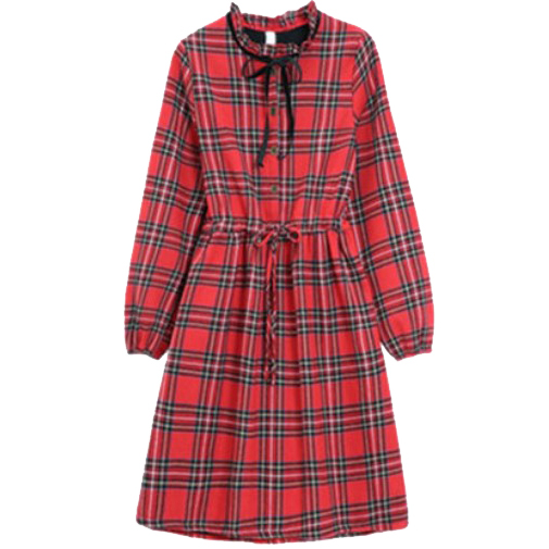 Картинка Платье школьное длинный рукав шотландская клетка пояс на кулиске  от магазина LonnaMag