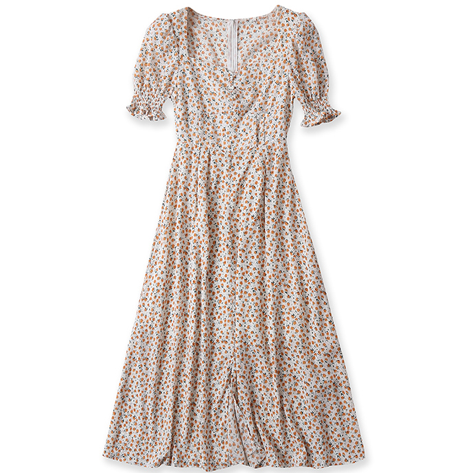 Картинка Платье миди рукав фонарик оранжевые цветы пуговки на груди от магазина LonnaMag