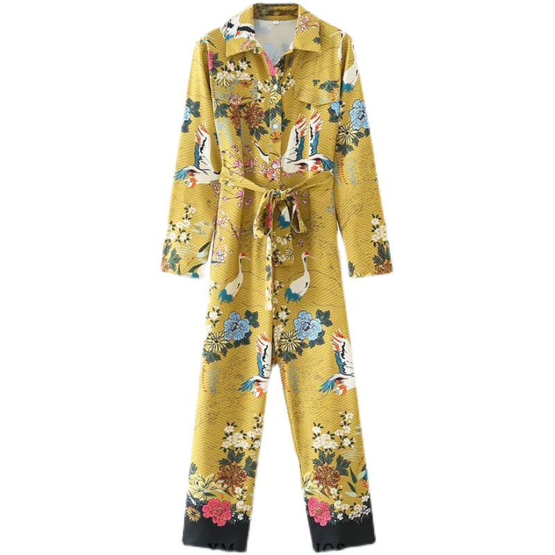 Картинка Комбинезон длинный принт аисты цветы + пояс от магазина LonnaMag