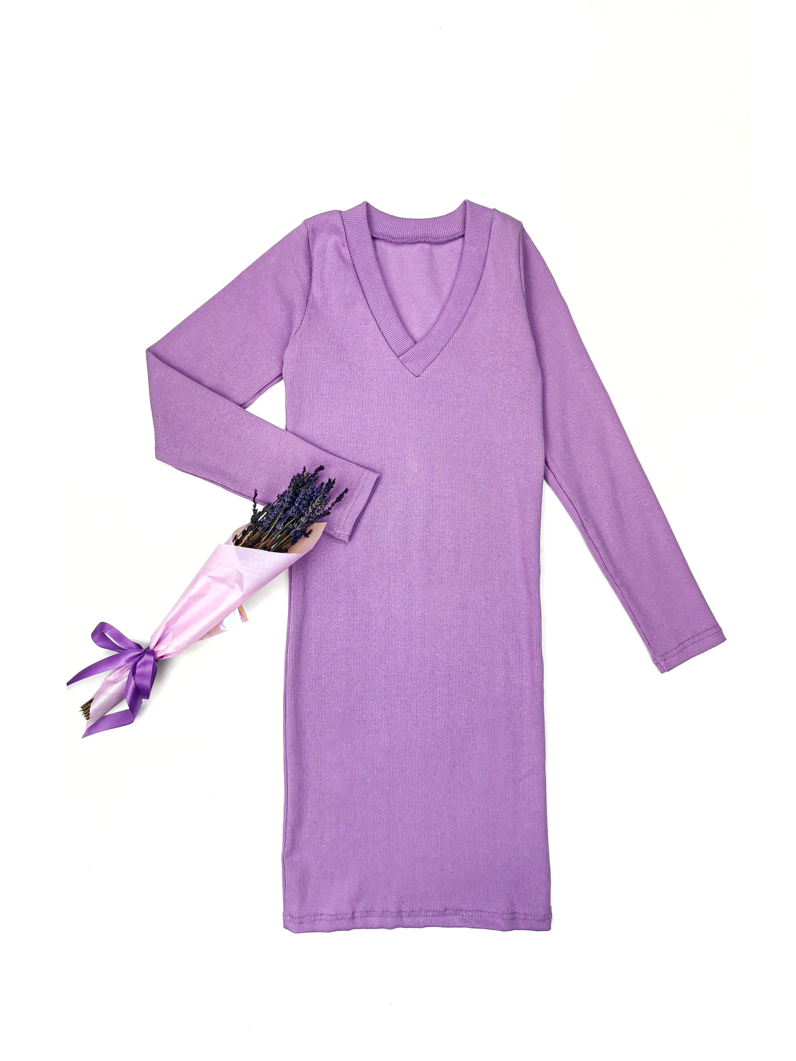 Картинка Платье стрейч мини рубчик по фигуре длинный рукав глубокий V-вырез от магазина LonnaMag