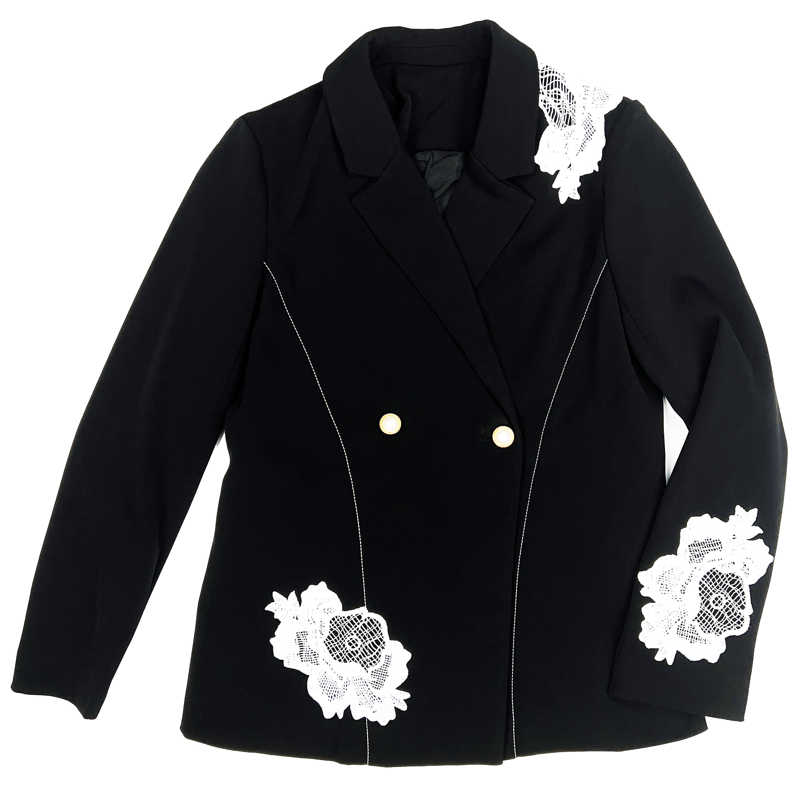 Картинка Пиджак приталенный белые швы кружево цветок пуговицы жемчуг от магазина LonnaMag