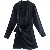 Картинка Платье V-вырез черное длинный рукав спереди пуговицы + пояс от магазина LonnaMag