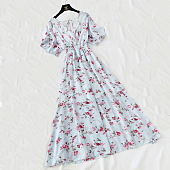 Картинка Платье макси V вырез короткий свободный рукав принт веточки с цветами от магазина LonnaMag