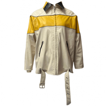Куртка эко кожа молочная широкая желтая полоса отложной воротник + пояс