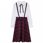 Картинка Платье школьное блуза длинный рукав + юбка красно-синяя клетка с подтяжками  от магазина LonnaMag