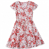 Картинка Платье мини на запах юбка клеш красные цветы на белом от магазина LonnaMag