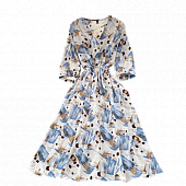 Картинка Платье миди V вырез талия на кулиске принт пятна круги полосы от магазина LonnaMag