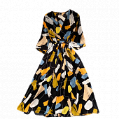 Картинка Платье миди V вырез талия на кулиске принт разноцветные фигуры полосы от магазина LonnaMag
