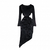 Картинка Платье блестящее круглый вырез длинный рукав асимметричный низ сборка сбоку от магазина LonnaMag