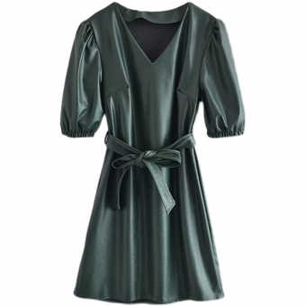 Платье миди эко кожа короткий рукав на резинке + пояс