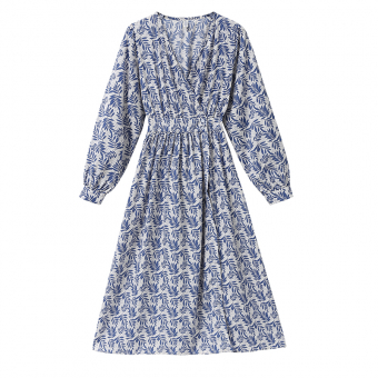 Платье миди шифон V вырез длинный рукав принт растения