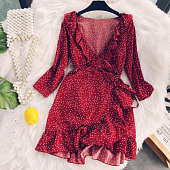 Картинка Платье мини на запах с воланом-рюшей в горох - длинный рукав от магазина LonnaMag