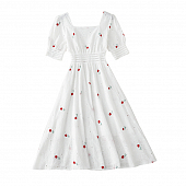 Картинка Платье белое квадратный вырез полосы на рукаве и на талии принт розы от магазина LonnaMag