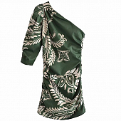 Картинка Платье мини на одно плечо по бокам сборка принт белые листья от магазина LonnaMag