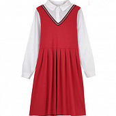 Картинка Платье школьное красное треугольный вырез с полосками + белая блуза длинный рукав от магазина LonnaMag