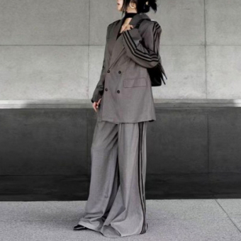 Костюм серый 3 черные полосы oversize пиджак + штаны