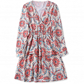 Картинка Платье мини талия на резинках юбка клеш V-вырез - пестрый узор круги от магазина LonnaMag