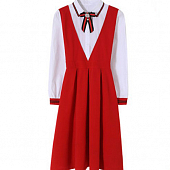 Картинка Платье школьное красный сарафан белая блуза + бант брош с жемчужинами длинный рукав от магазина LonnaMag