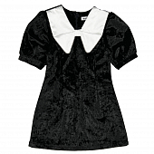 Картинка Платье мини черный бархат коротткий рукав белый атласный воротник бант стразы от магазина LonnaMag