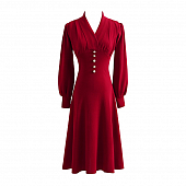 Картинка Платье миди трикотаж V вырез длинный объемный рукав 5 пуговиц жемчужин от магазина LonnaMag