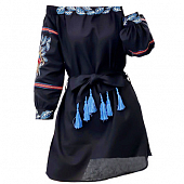 Картинка Платье мини открытые плечи на резинке цветная вышивка цветы кисточки от магазина LonnaMag