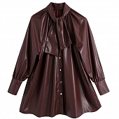 Картинка Платье эко кожа свободное на пуговицах длинные рукава с манжетами на вороте завязка от магазина LonnaMag